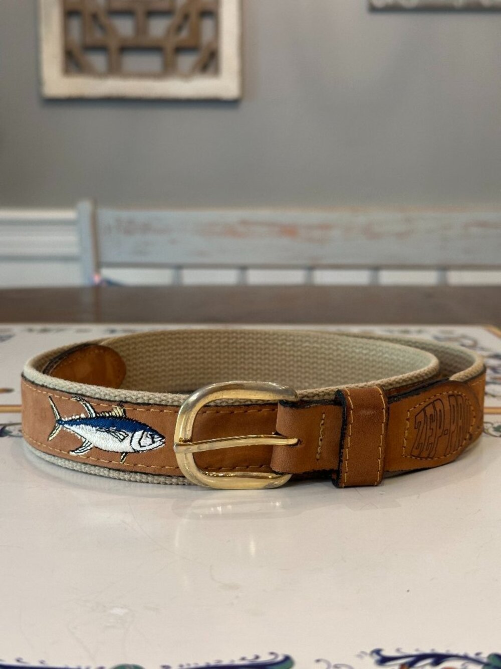 Zep-Pro Yellowfin Tuna Embroidered Leather Belt - size 38